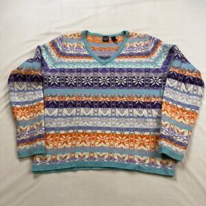 Gap Vintage Fair Isle 100% Lambswool V-Neck Sweater Women's Med Y2K Pullover EUC